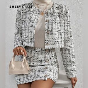 Black and White Plaid Skirt Set with Jacket